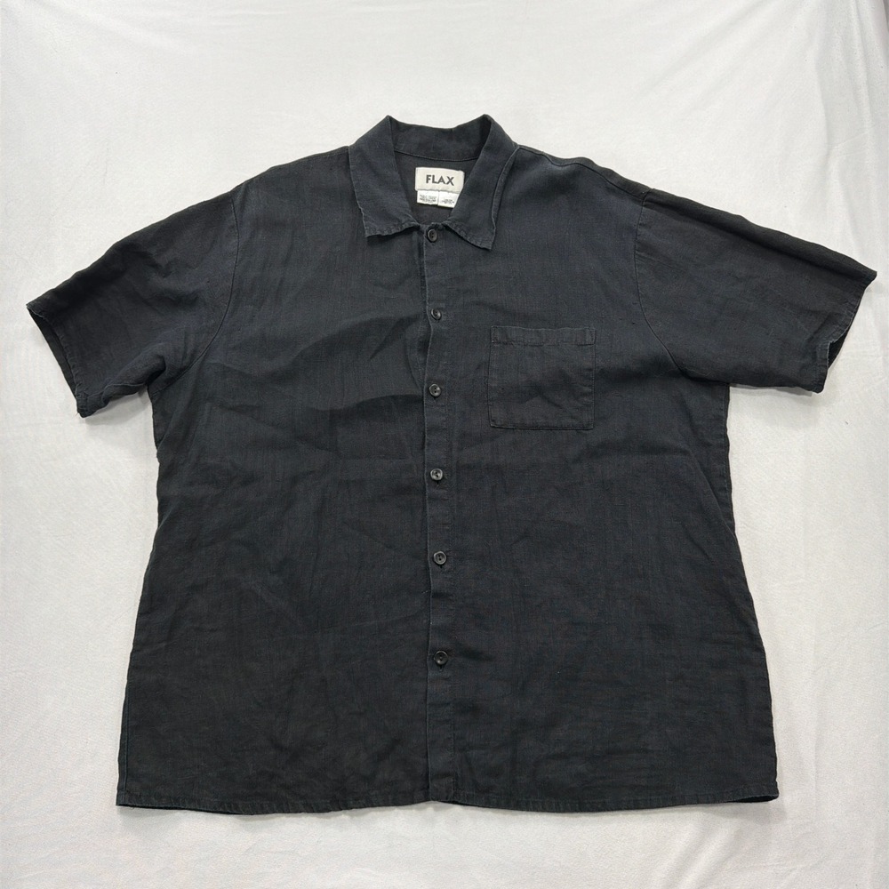 Flax Button Up Shirt 100% Linen Short Sleeve Pocket Black Mens Medium